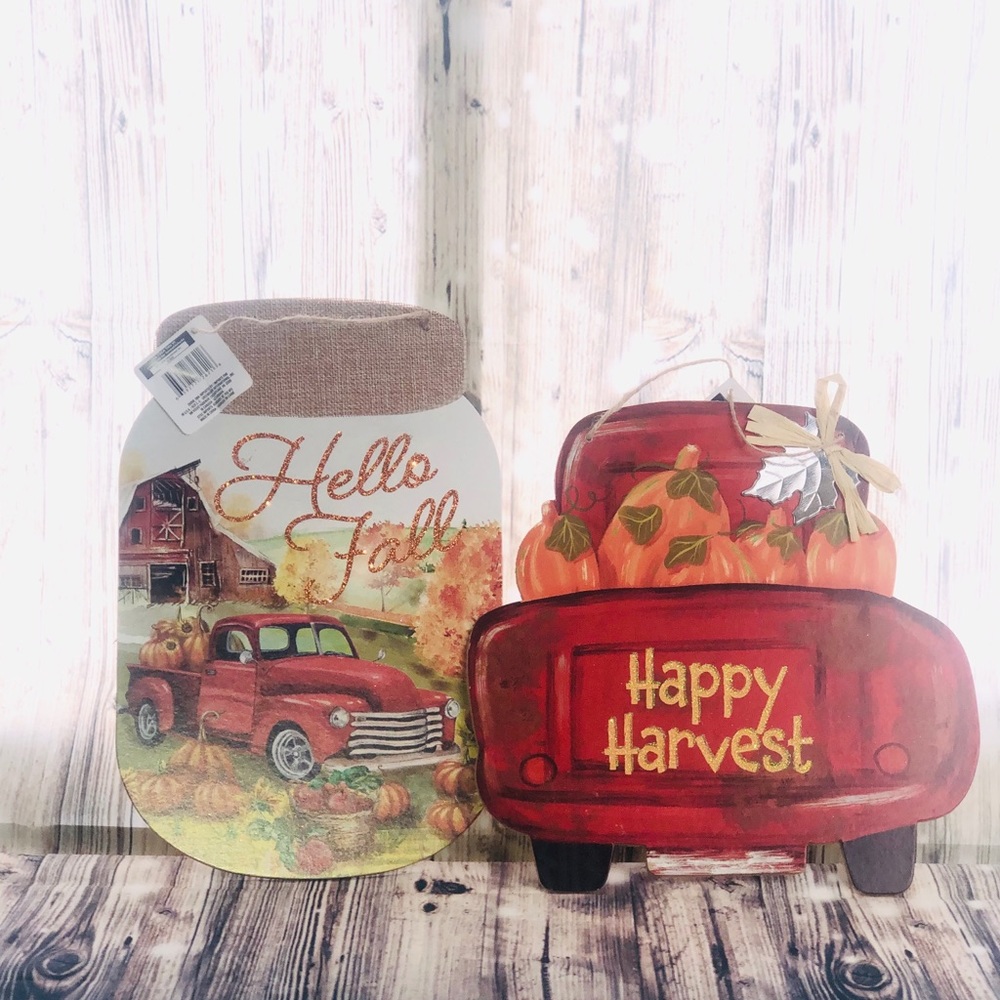 RED TRUCK HANGING MAYSON JAR  HAPPY HARVEST DECOR
